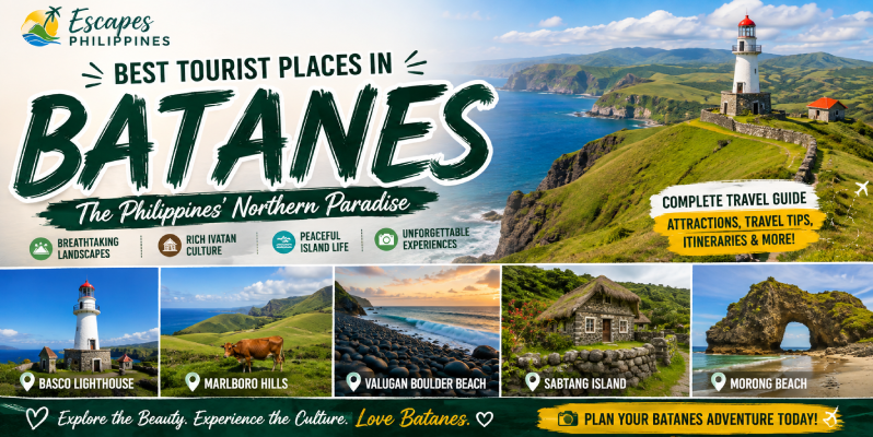 Best Tourist Places in Batanes featuring Basco Lighthouse, Marlboro Hills, Sabtang Island, rolling hills, and breathtaking coastal scenery.