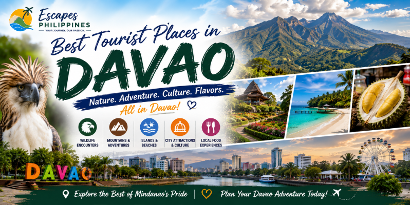Best Tourist Places in Davao featuring Mount Apo, Philippine Eagle Center, tropical nature, and Davao City attractions.