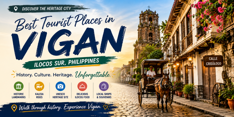 Best Tourist Places in Vigan featuring Calle Crisologo, historic Spanish colonial houses, kalesa, and Vigan heritage architecture.